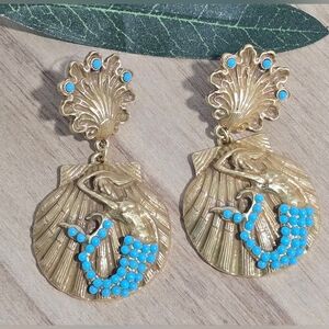 Gold Tone and Blue Mermaid Shell Earrings